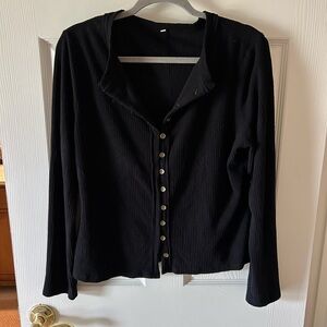 Black Ribbed Button-Front Women’s Top